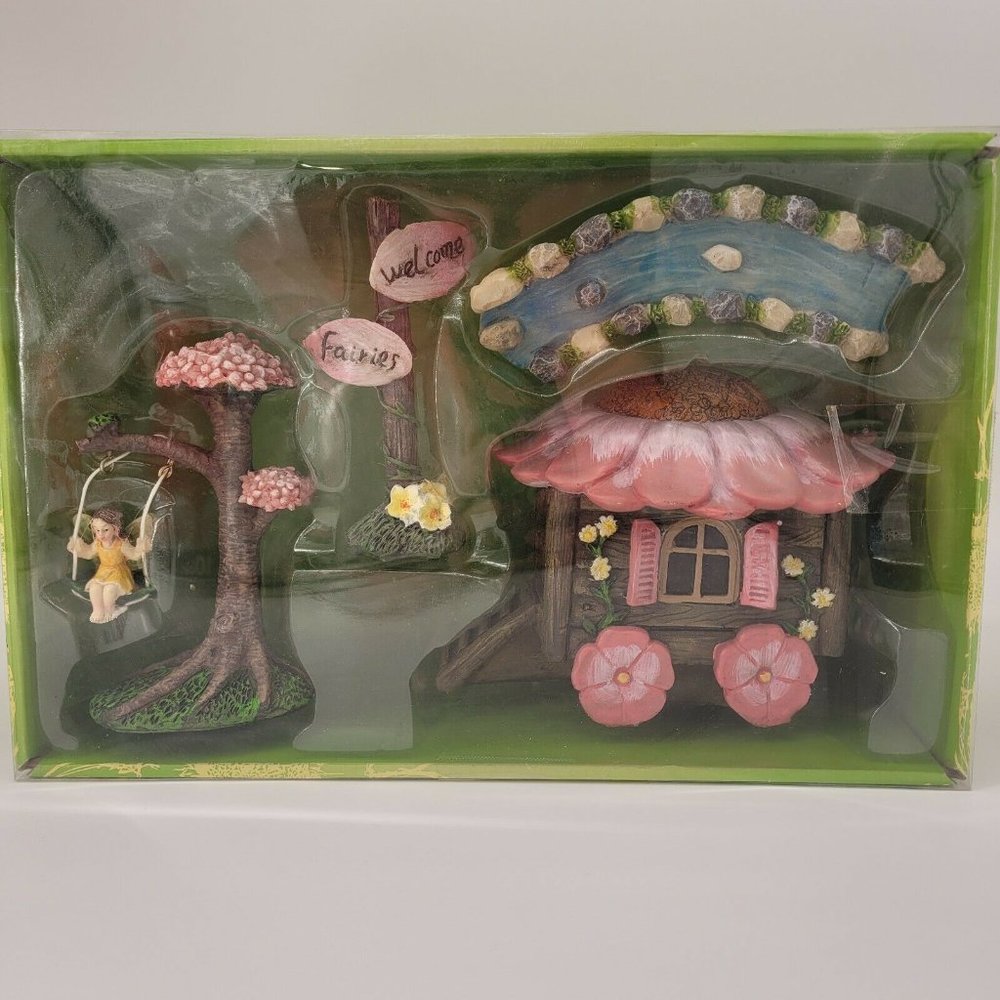 Fairy House Set - Figure, River, House Tree Swing Welcome Sign
